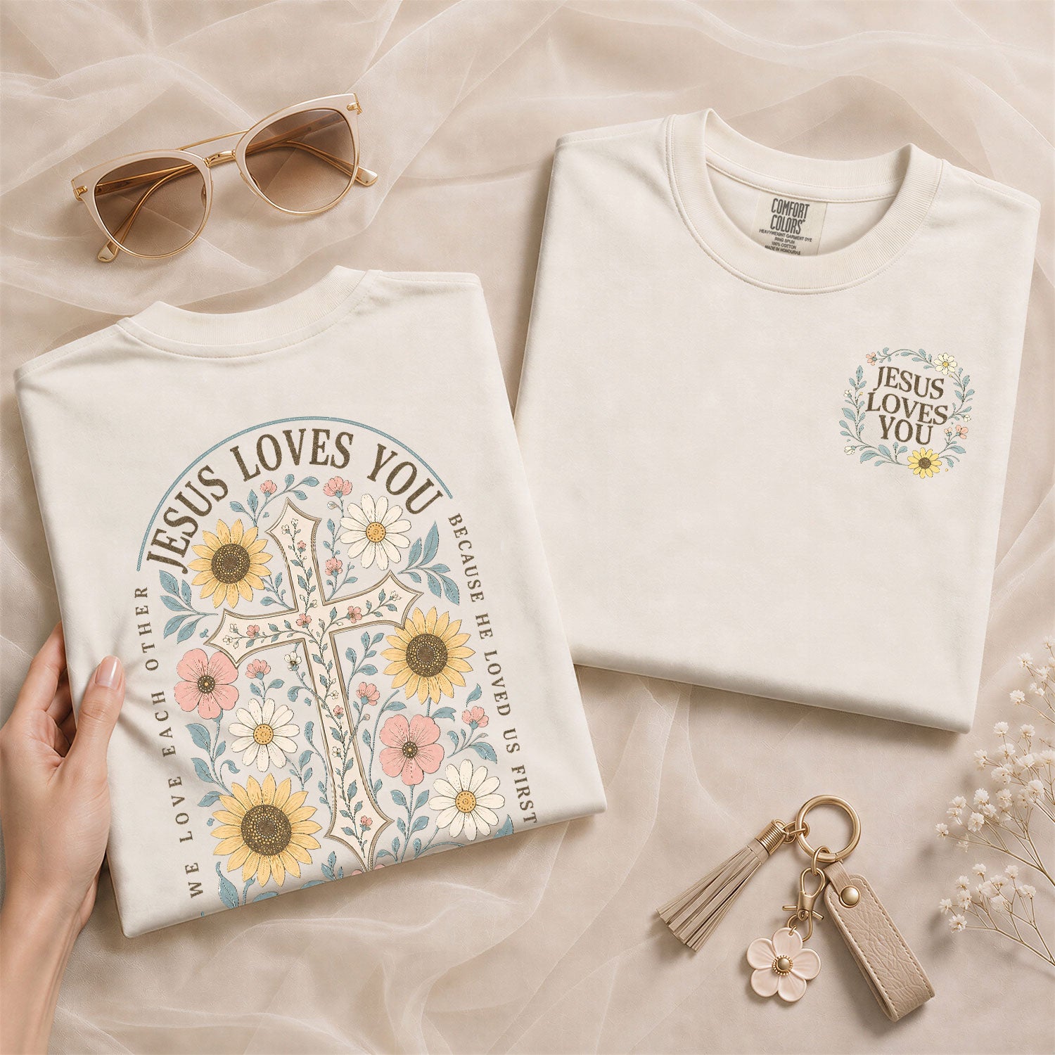 Jesus Loves You Cross Sunflower 1 John 4:19 Christian Graphic Tee For Women Apparel
