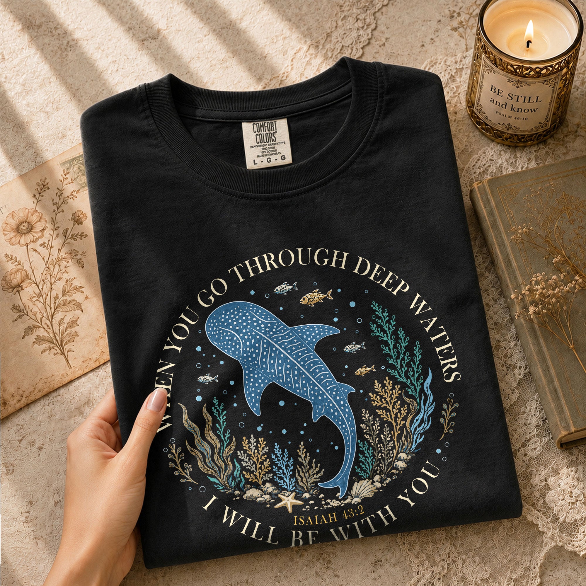 When You Go Through Deep Waters T-Shirt Women Christian Isaiah 43 2 Whale Shark Graphic