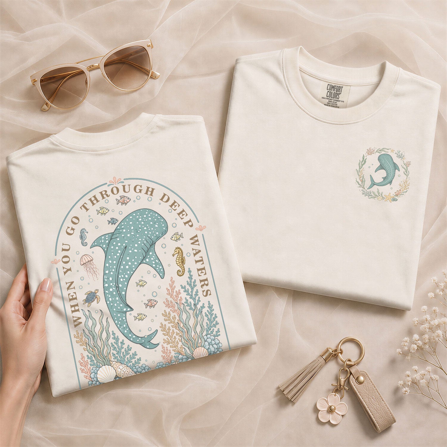 When You Go Through Deep Waters T-Shirt Women Coastal Whale Shark Isaiah 43 2 Christian