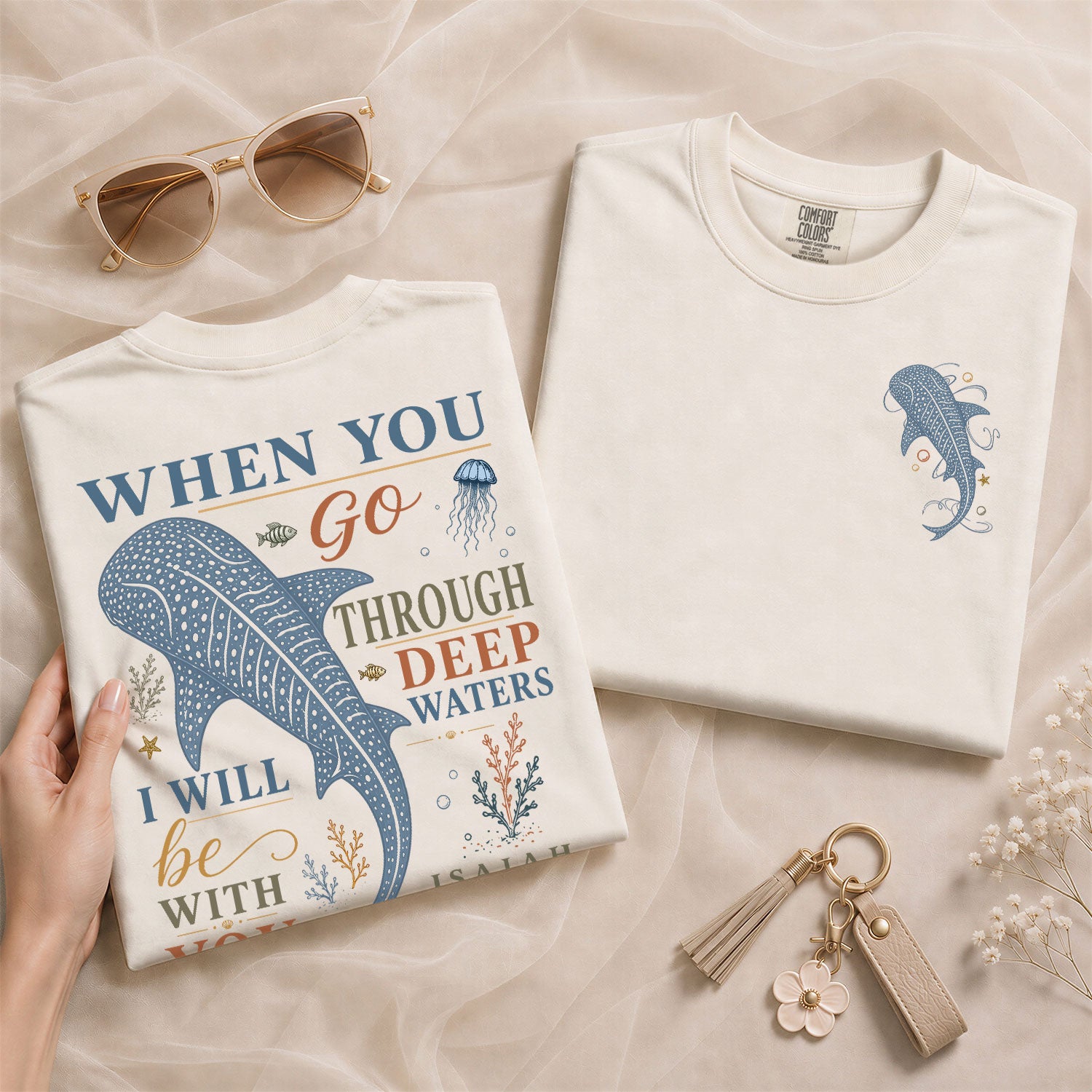 Deep Waters T-Shirt Women Colorful Typography Whale Shark Graphic Tee Isaiah 43 2 Faith