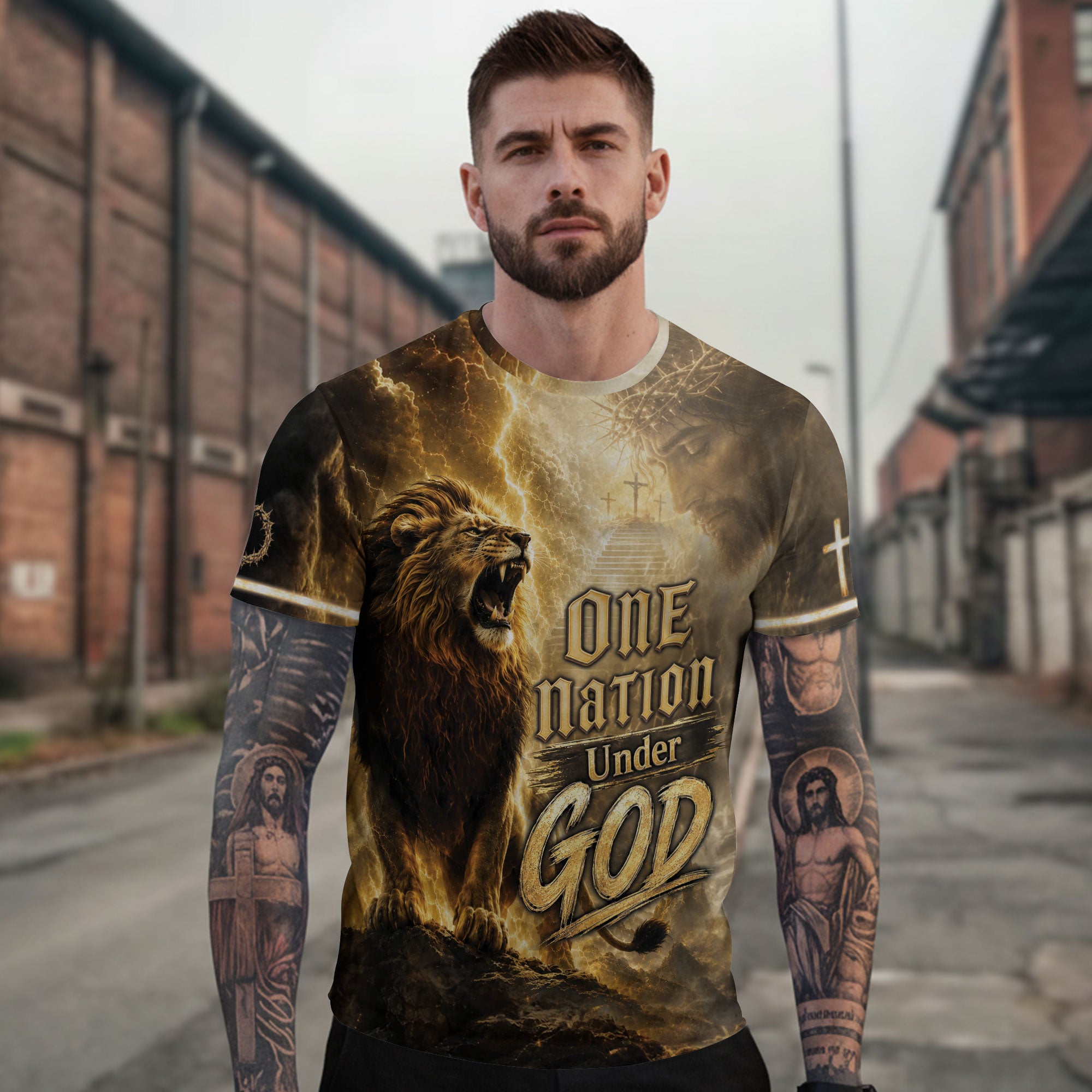 One Nation Under God Shirt Christian Roaring Lion Cross Jesus 3D Graphic Men Tee