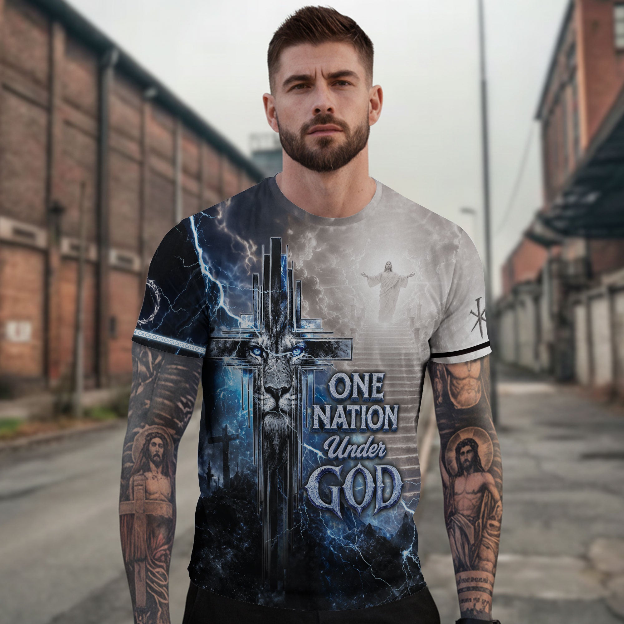 One Nation Under God Shirt Blue Lightning Lion Cross 3D All Over Print Christian Men Tee