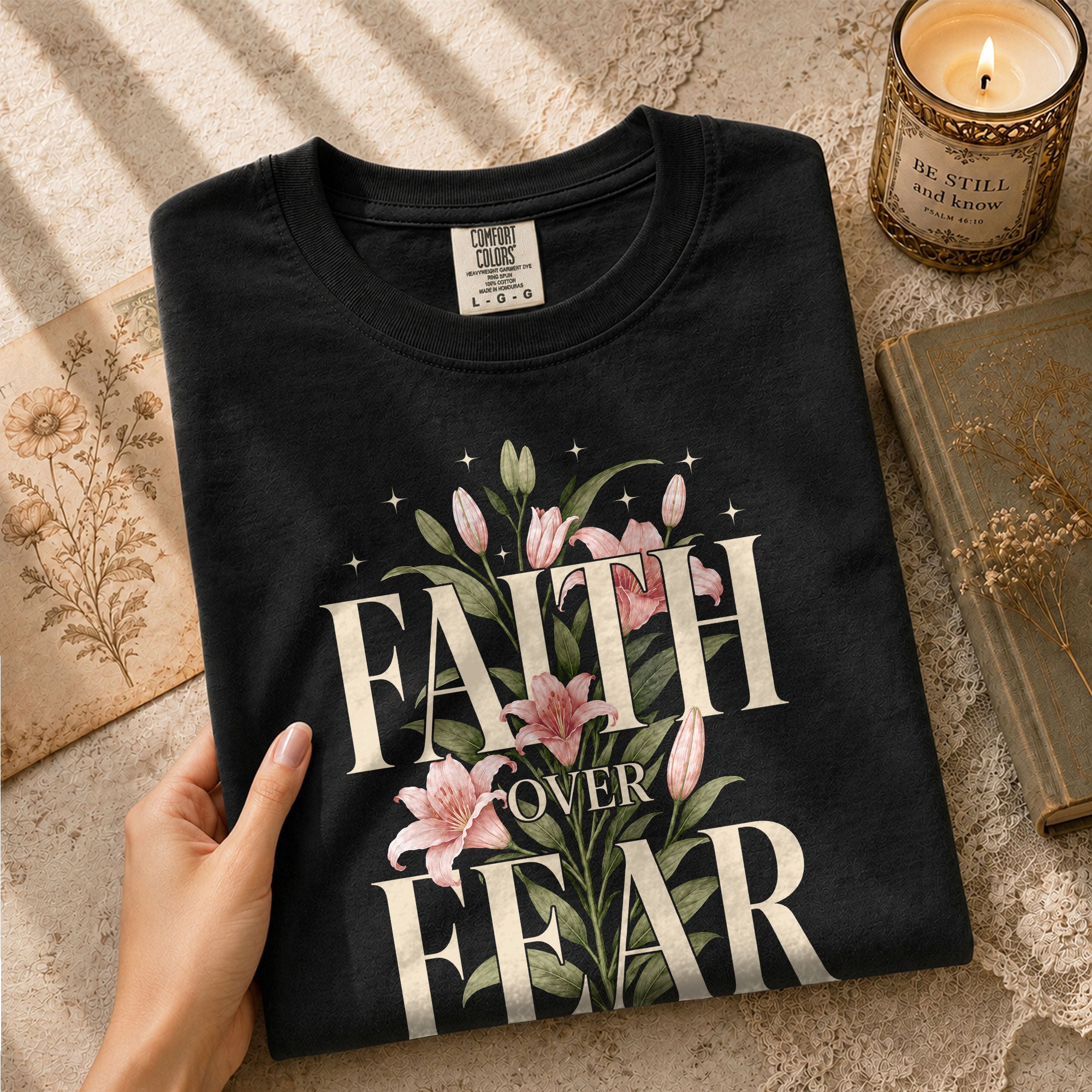 Faith Over Fear Psalms Scripture Lily Floral Blue Christian Tee For Women Apparel