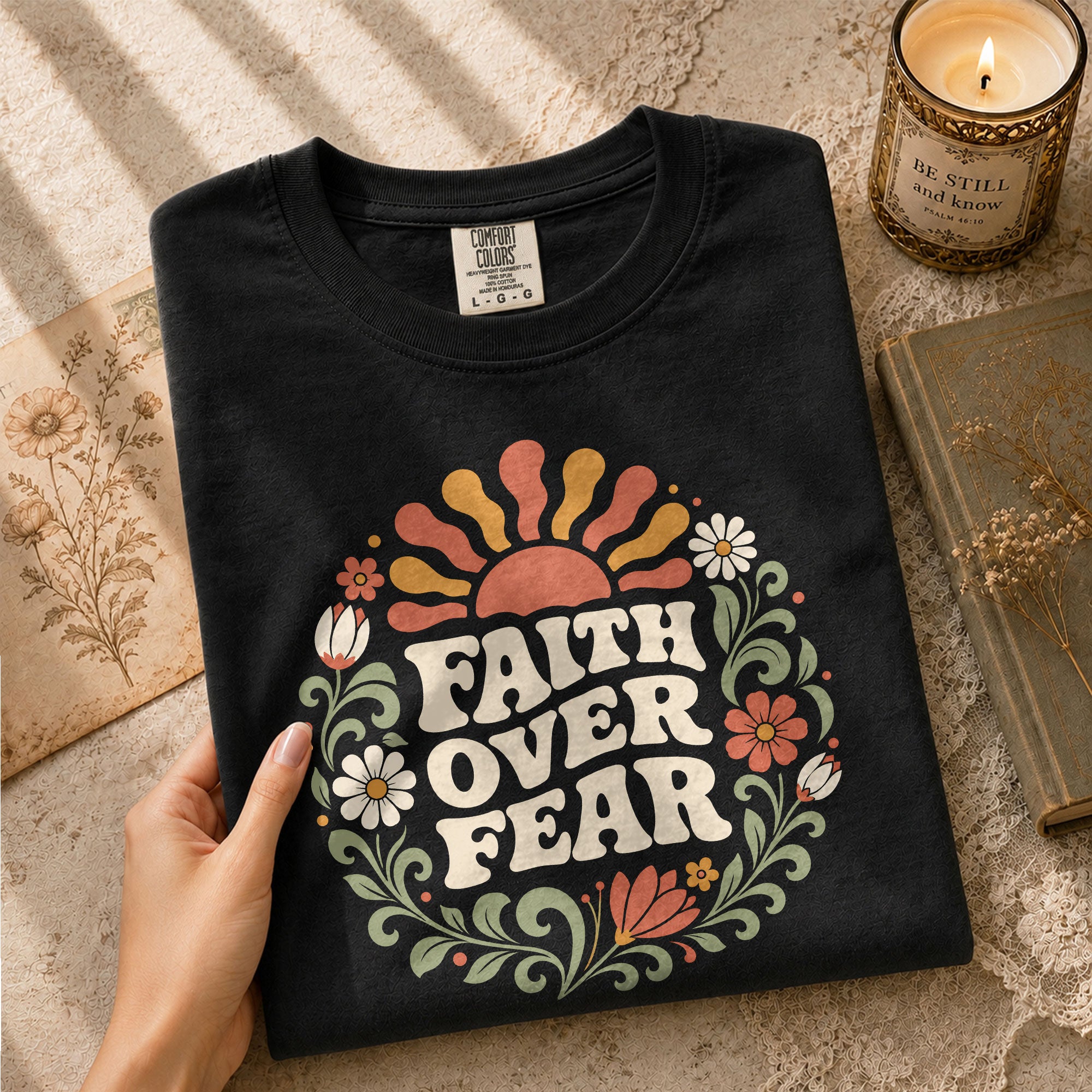 Faith Over Fear Retro Floral Sun Blue Christian Tee For Women Daily Graphic Apparel