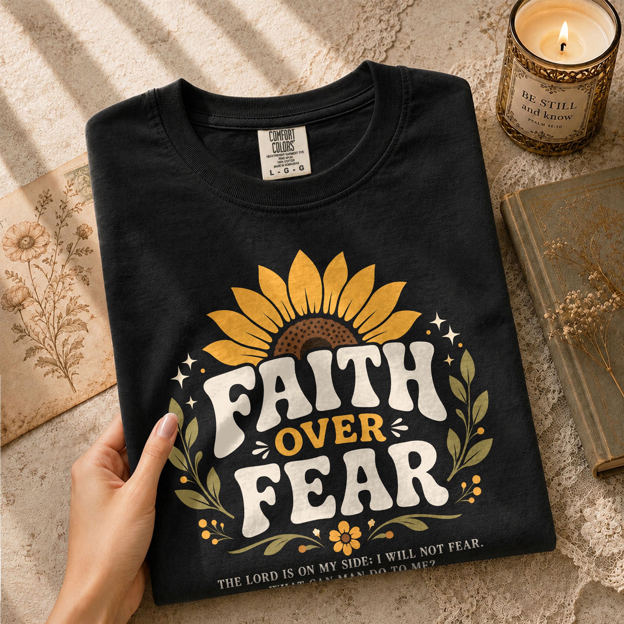 Faith Over Fear Sunflower Psalms Scripture Cute Blue Christian Tee For Women Apparel