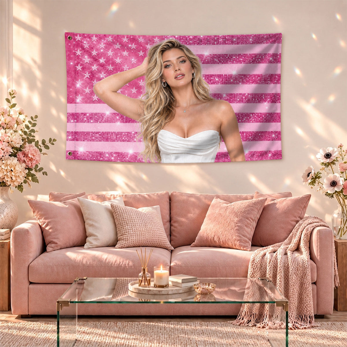 Pink Flag Custom with Pink Glitter Butterfly Photo Collage, Custom Flag with Picture, Pink American Flag Custom, Rustfield Co. - Rust Field Wear