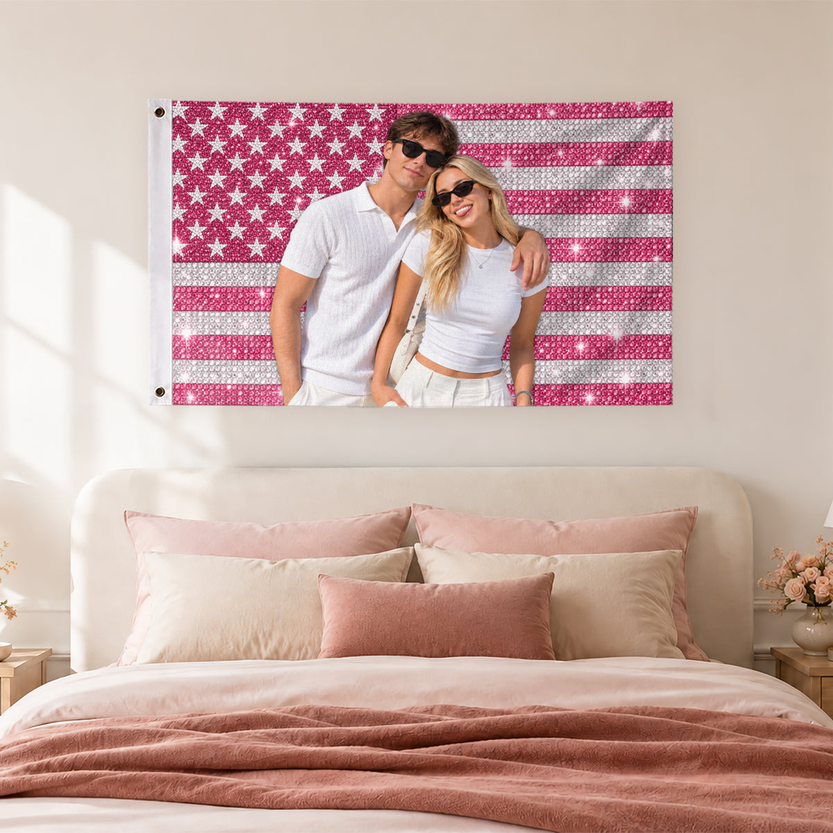 Custom Pink Rhinestone USA Flag Woman Dog Couple Friends Photo Banner Display Piece