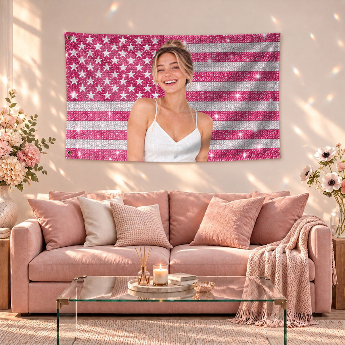 Pink Rhinestone Portrait Photo Collage Custom Flag with Picture, Pink American Flag Custom, Pink Flag Custom, Rustfield Co. - Rust Field Wear