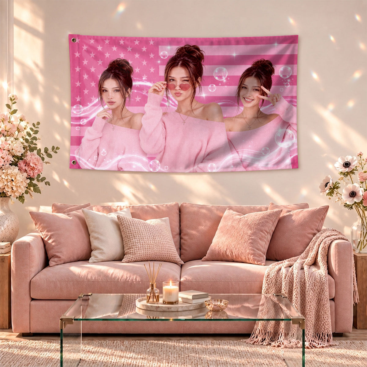 Custom Pink USA Flag Butterfly Photo Collage Banner Wall Art Hanging Tapestry Piece - Rust Field Wear