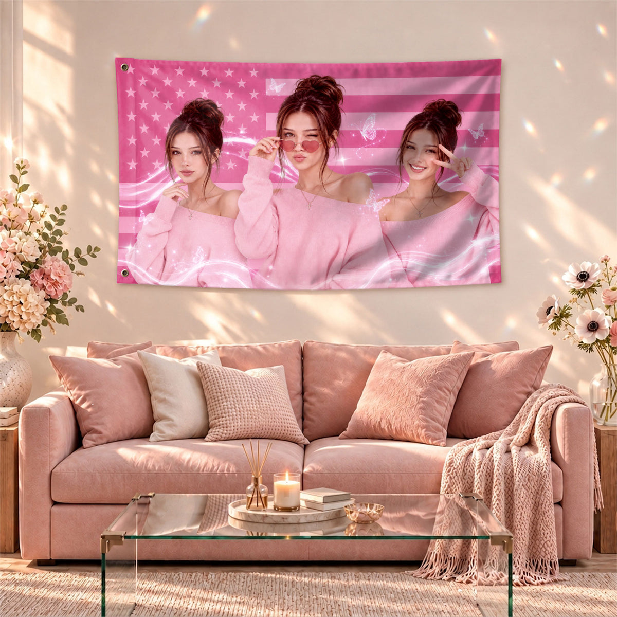 Custom Pink USA Flag Butterfly Photo Collage Banner Wall Art Hanging Tapestry Piece