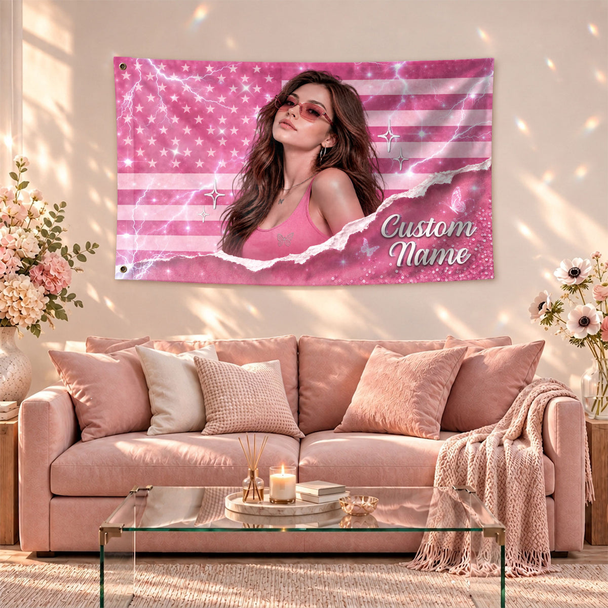 Custom Pink USA Flag Name Portrait Photo Collage Banner Wall Art Hanging Tapestry Piece - Rust Field Wear