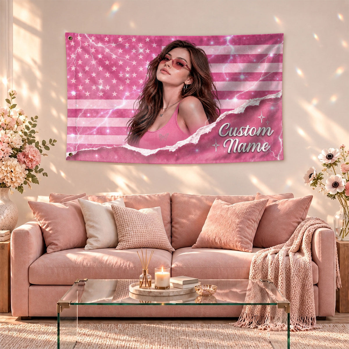 Custom Pink USA Flag Name Portrait Photo Collage Banner Wall Art Hanging Tapestry Piece - Rust Field Wear
