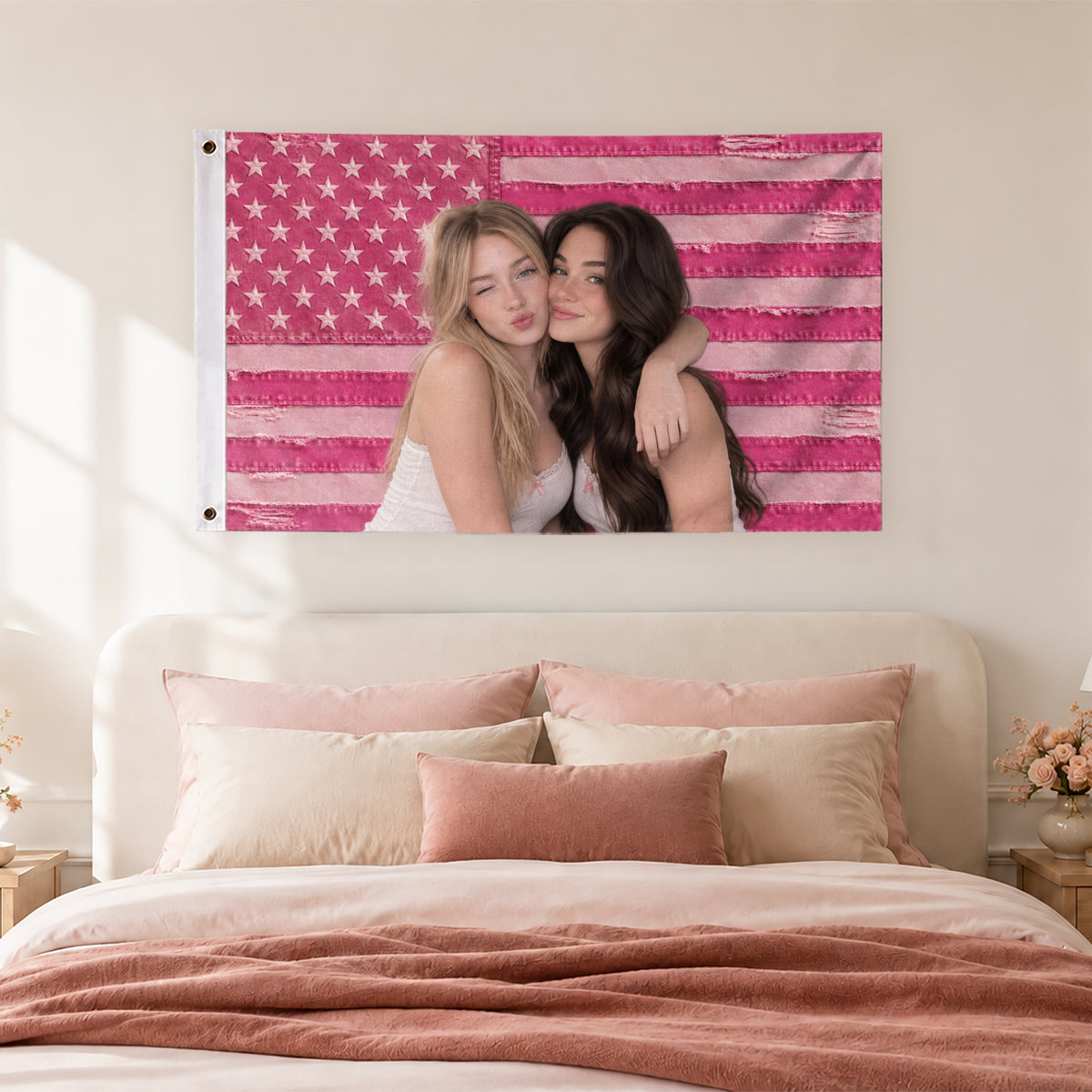 Custom Pink Distressed USA Flag Portrait Photo Collage Banner Wall Art Tapestry Piece