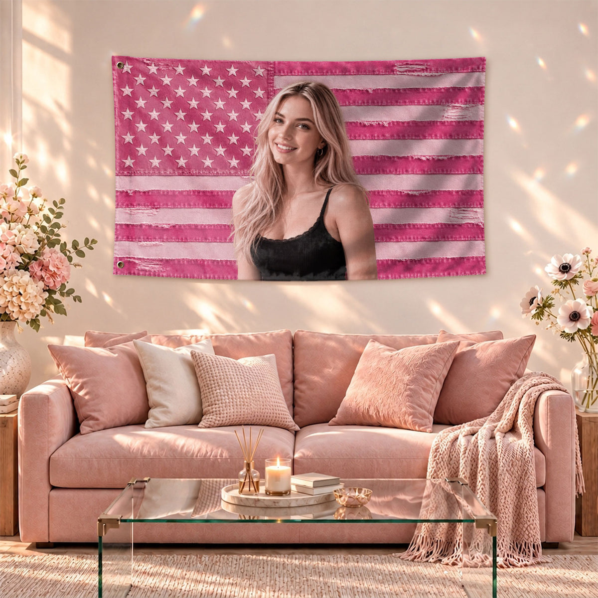 Custom Pink Distressed USA Flag Portrait Photo Collage Banner Wall Art Tapestry Piece - Rust Field Wear