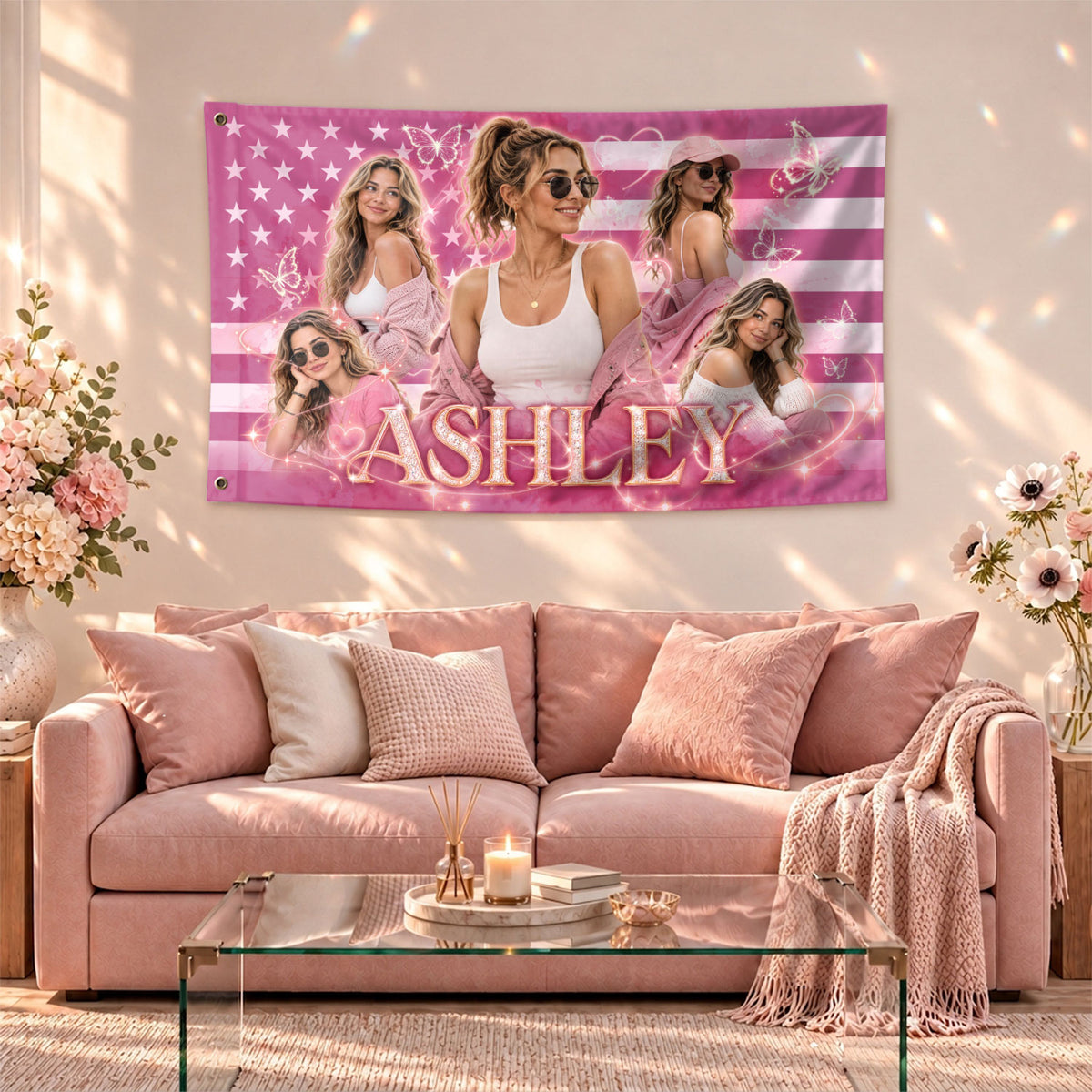 Custom Photo American Flag Pink Glitter Butterfly Personalised Name Picture USA Flag - Rust Field Wear