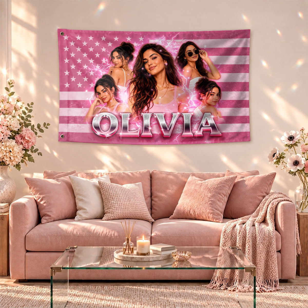 Custom Photo American Flag Personalized Pink Lightning Name USA Picture Flag Gift - Rust Field Wear