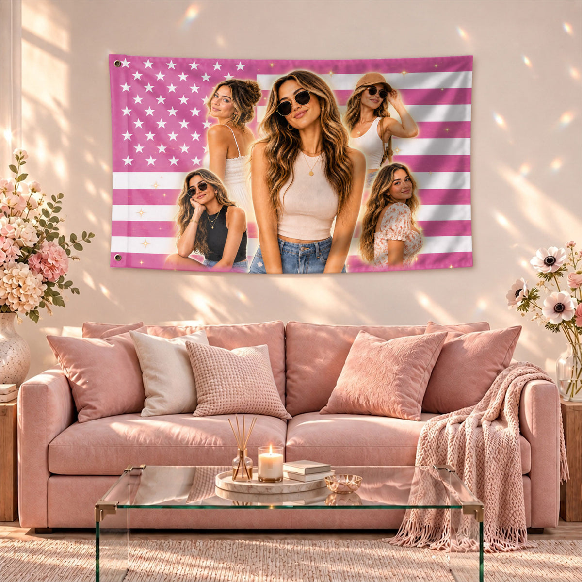 Custom Photo American Flag Pink Sparkle Personalized Picture USA Flag Banner Gift - Rust Field Wear