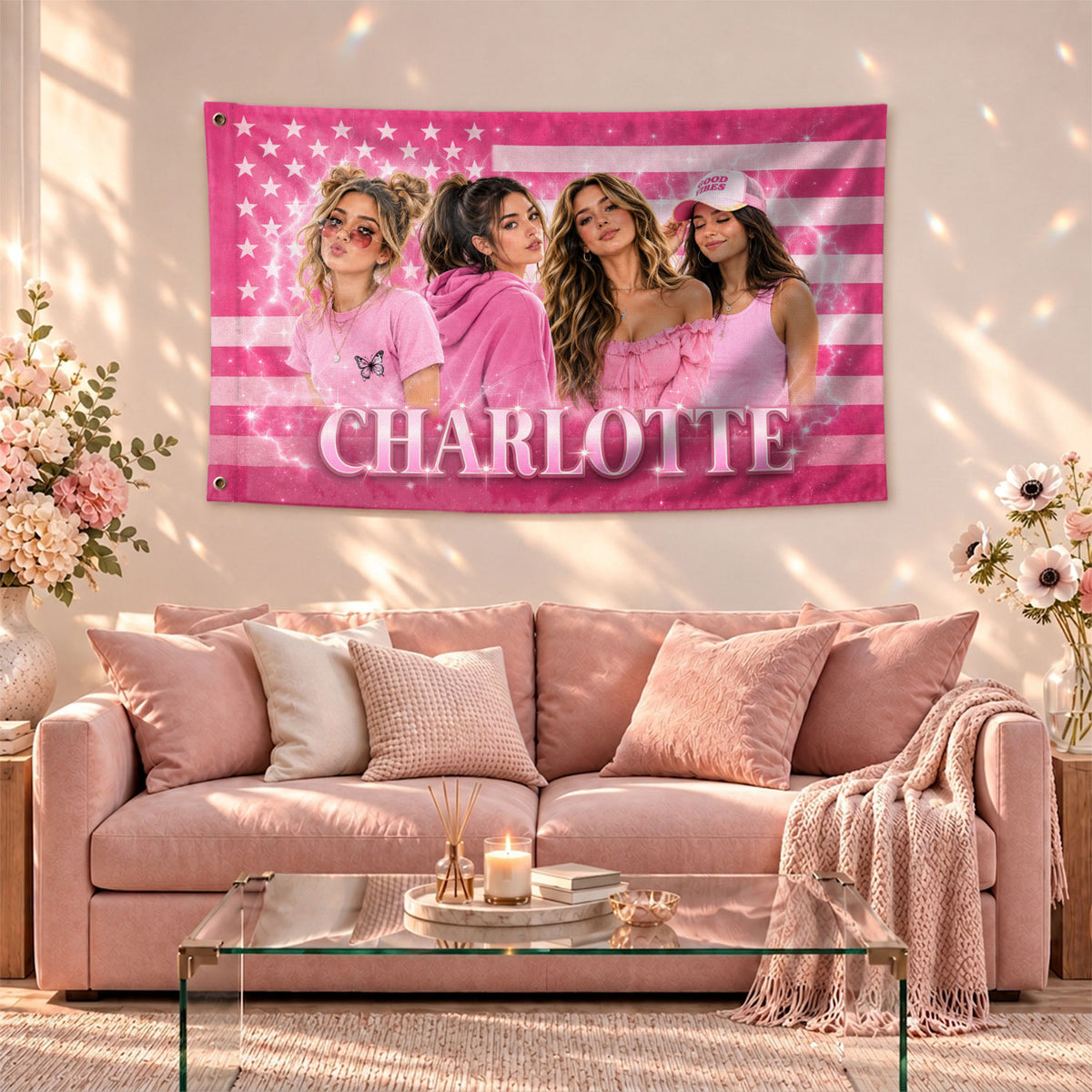 Custom Name Photo Collage Flag American Stars Stripes Wall Hanging Display Banner - Rust Field Wear