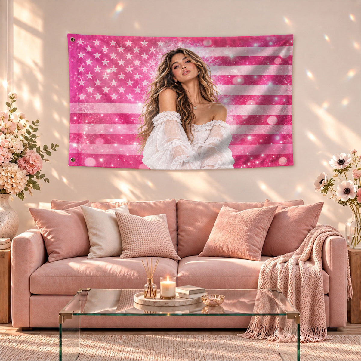 Custom Photo Flag American Stars Stripes Bokeh Sparkle Wall Hanging Display Banner - Rust Field Wear
