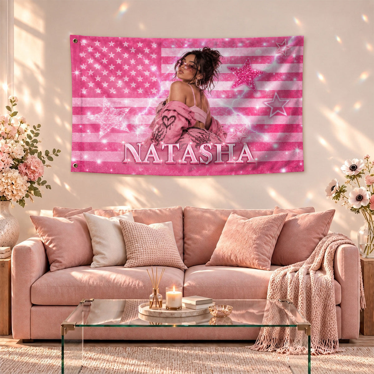 Custom Name Photo Flag American Stars Sparkle Glitter Wall Hanging Display Banner - Rust Field Wear