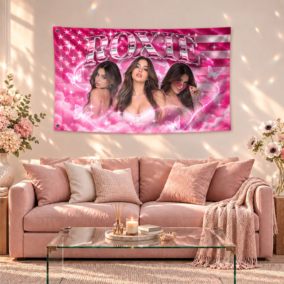 Personalized Vintage Pink Flag Custom Photo Graphic Banner Retro Wall Hanging Display - Rust Field Wear