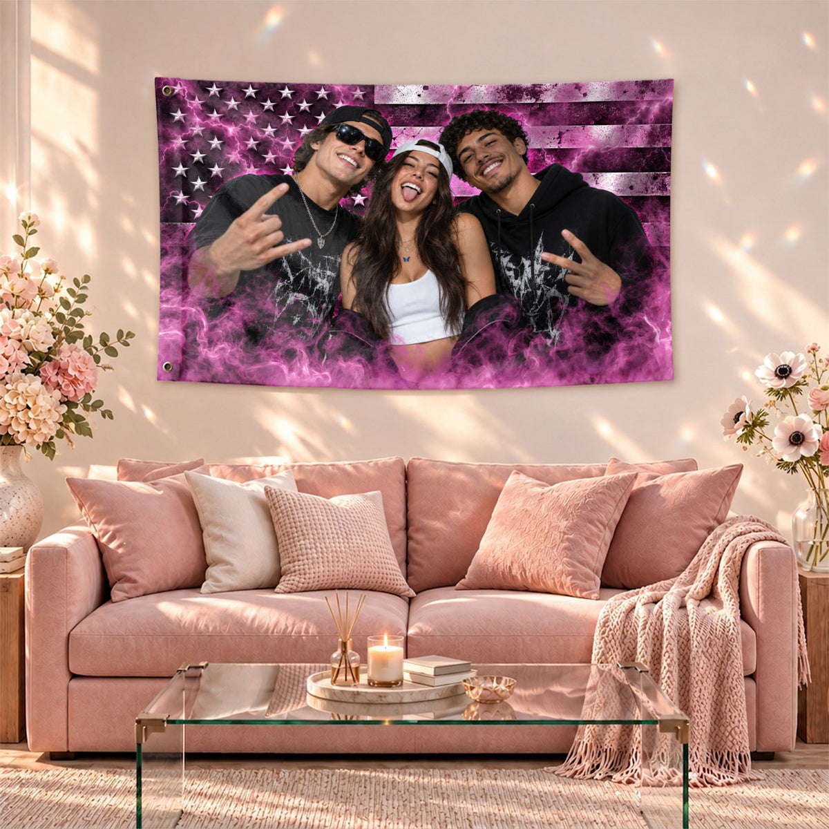 Nostalgic Pink American Flag Custom Photo Graphic Banner Retro Wall Hanging Display - Rust Field Wear