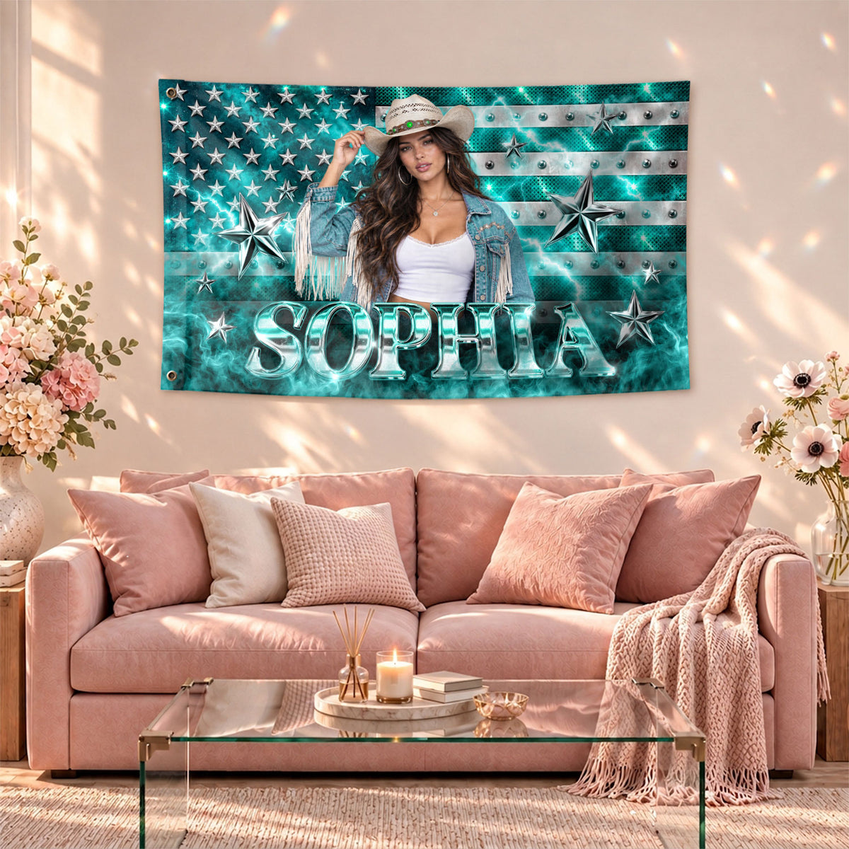 Aesthetic Teal American Flag Custom Photo Graphic Banner Retro Wall Hanging Display - Rust Field Wear