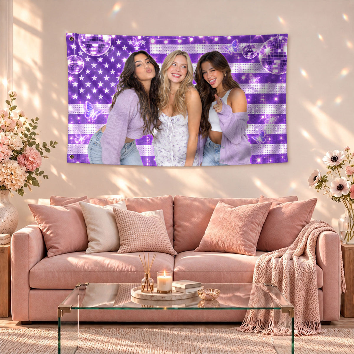 Vibrant Purple American Flag Custom Photo Graphic Banner Retro Wall Hanging Display - Rust Field Wear