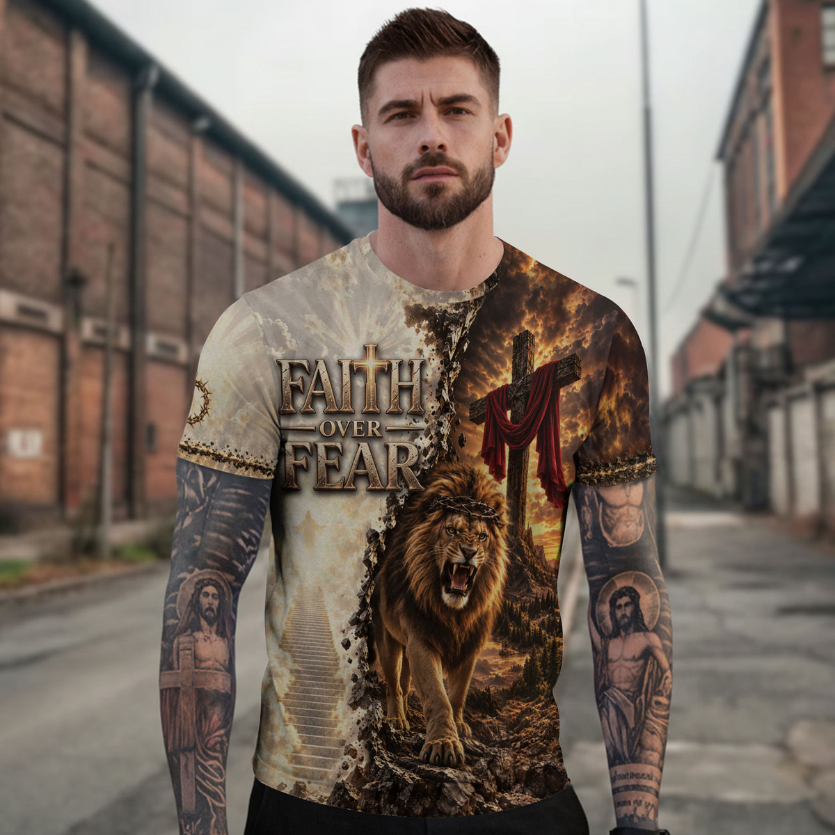 Inspirational Faith Over Fear Lion Cross Christian Graphic Athletic Team Shirt Top