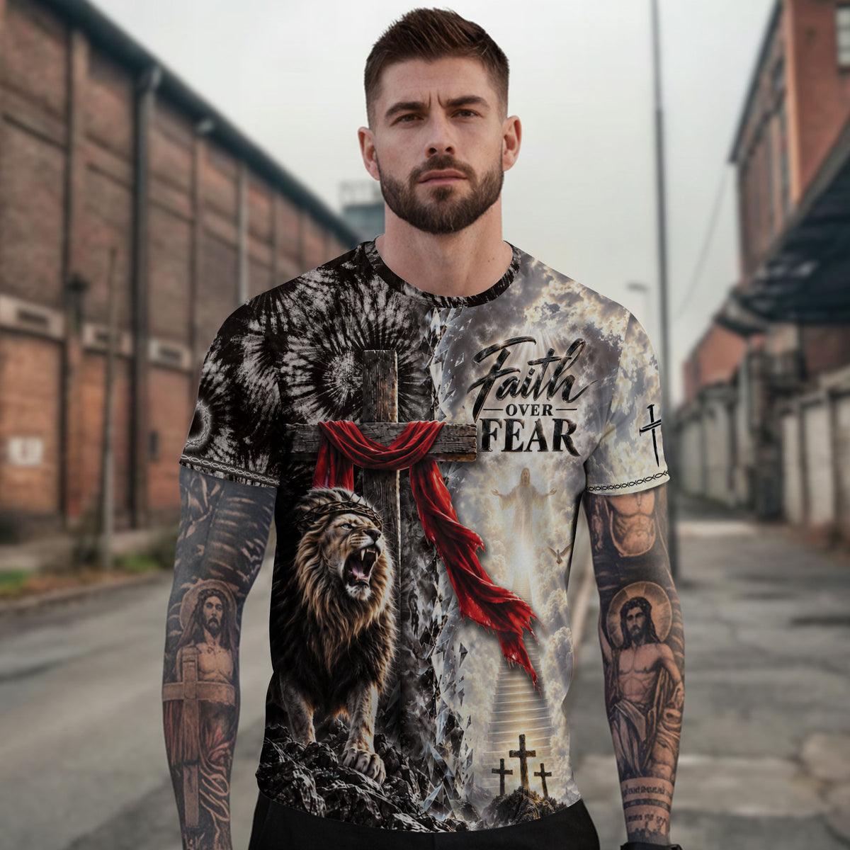 Spiritual Faith Over Fear Lion Cross Christian Graphic Athletic Team Shirt Top Garment