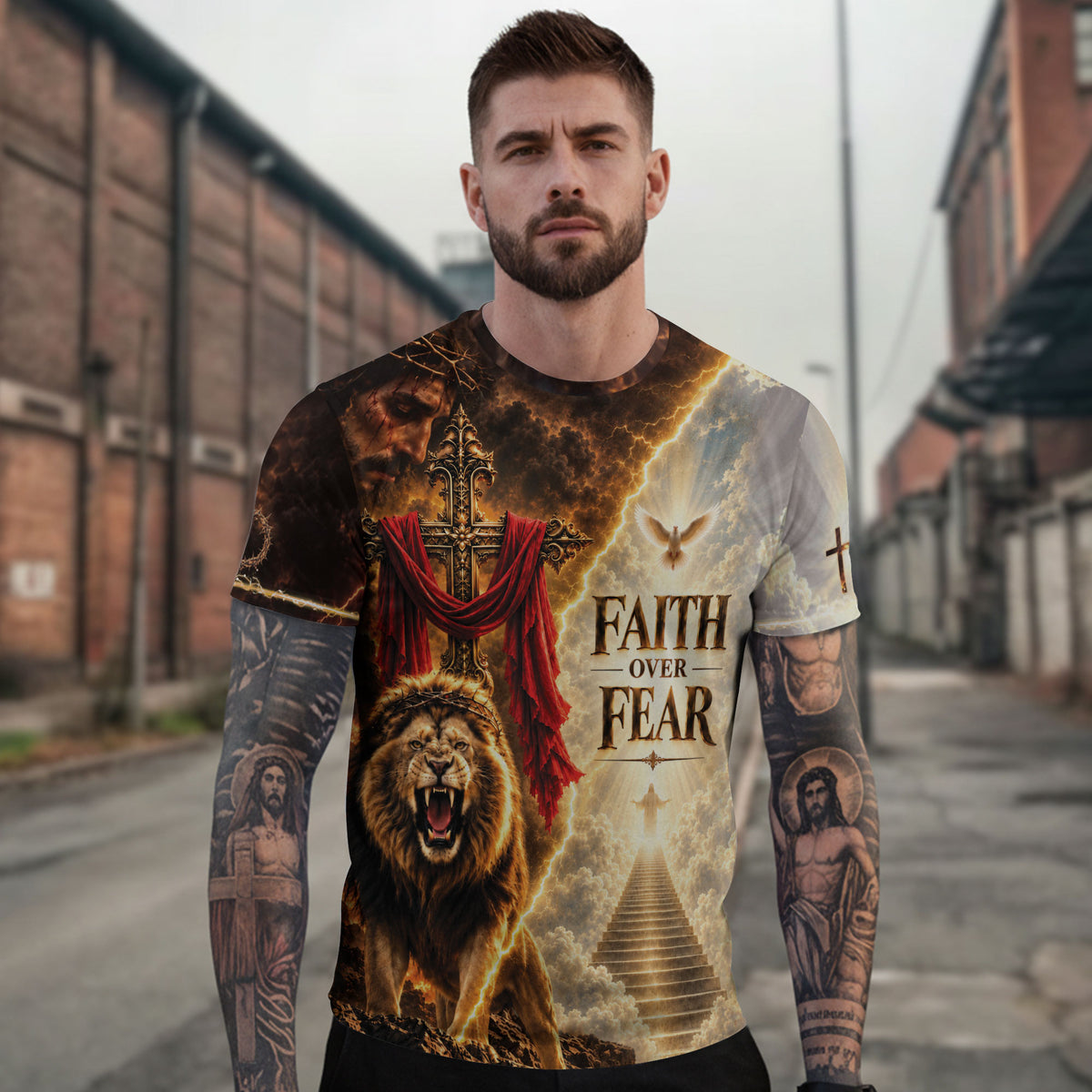 Devotional Faith Over Fear Lion Cross Christian Graphic Athletic Team Shirt Top Garment