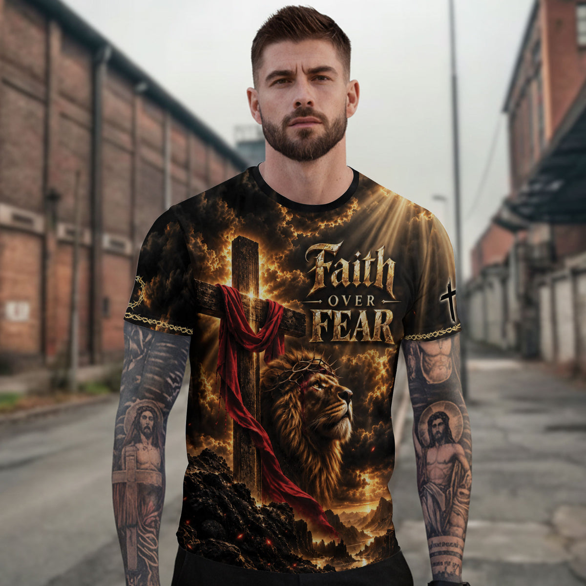 Steadfast Faith Over Fear Lion Cross Christian Graphic Athletic Team Shirt Top Garment