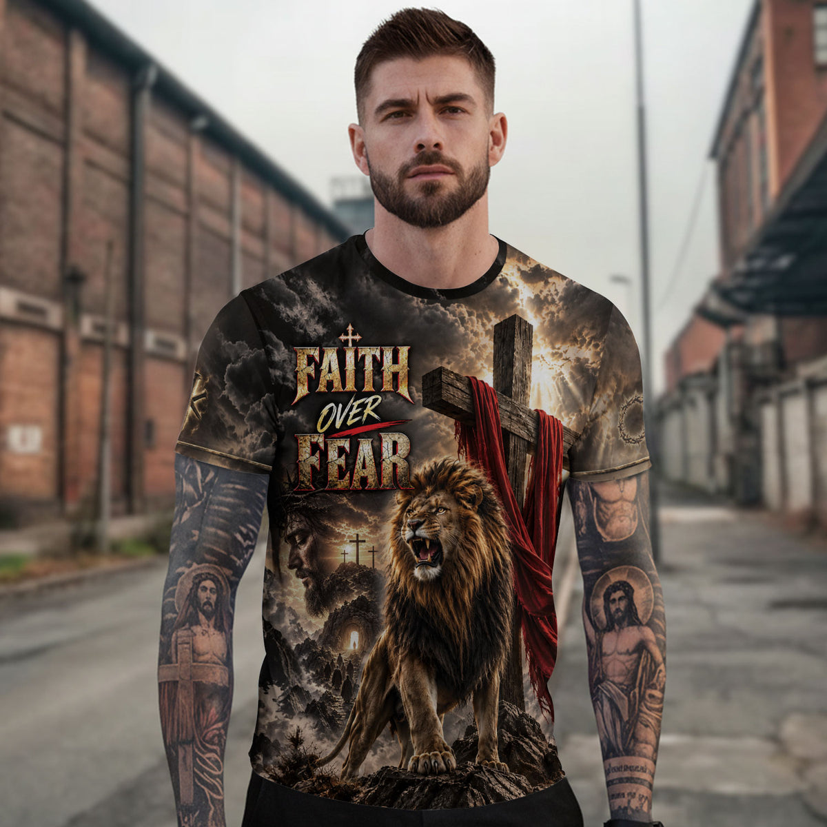 Unyielding Faith Over Fear Lion Cross Christian Graphic Apparel Shirt Top Garment Outfit