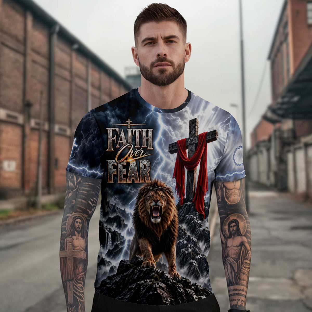 Powerful Faith Over Fear Lion Cross Christian Graphic Apparel Shirt Top Garment Outfit