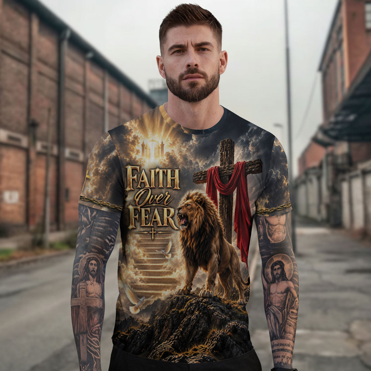 Heavenly Faith Over Fear Lion Dove Christian Graphic Apparel Shirt Top Garment Outfit