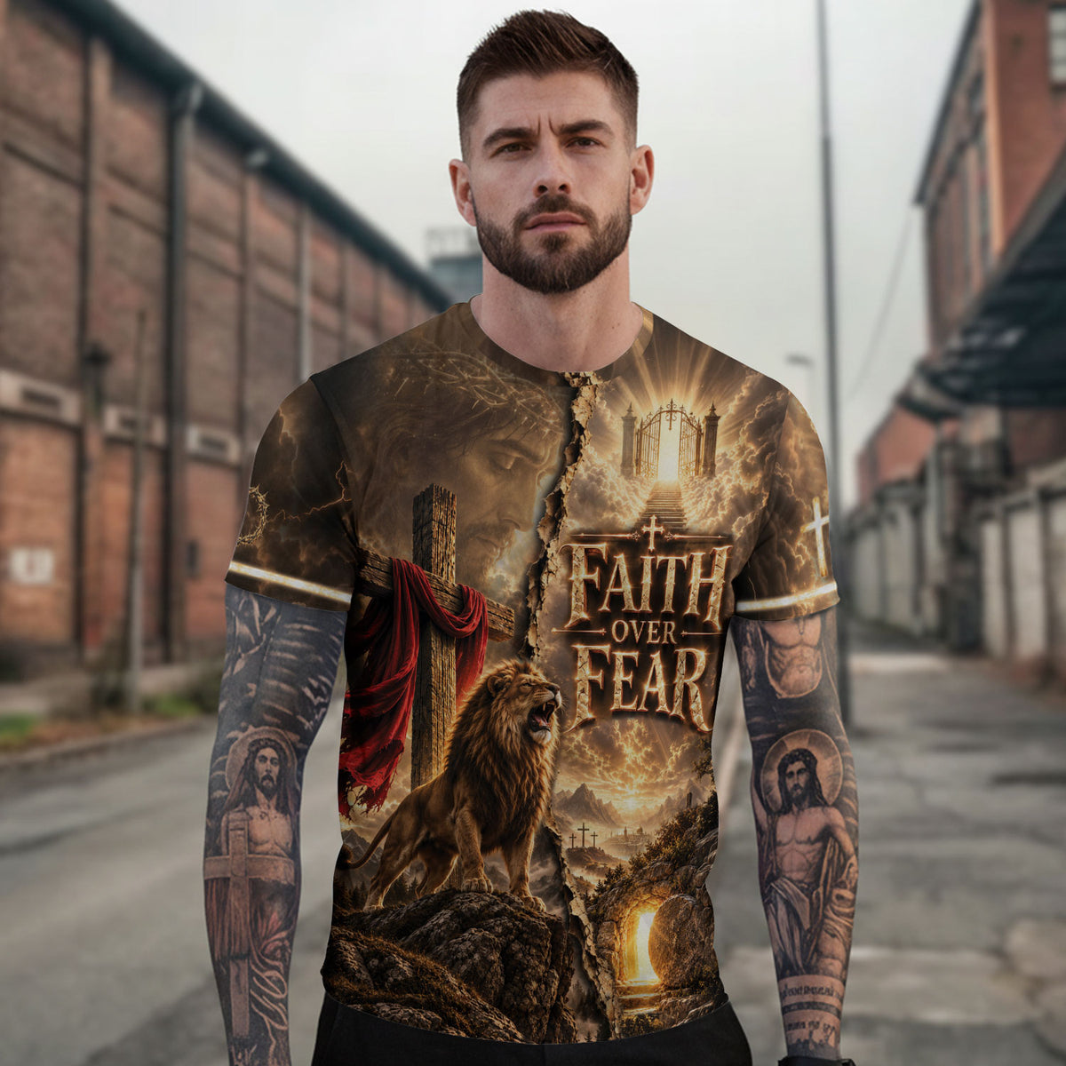 Divided Faith Over Fear Lion Cross Christian Graphic Apparel Shirt Top Garment Outfit