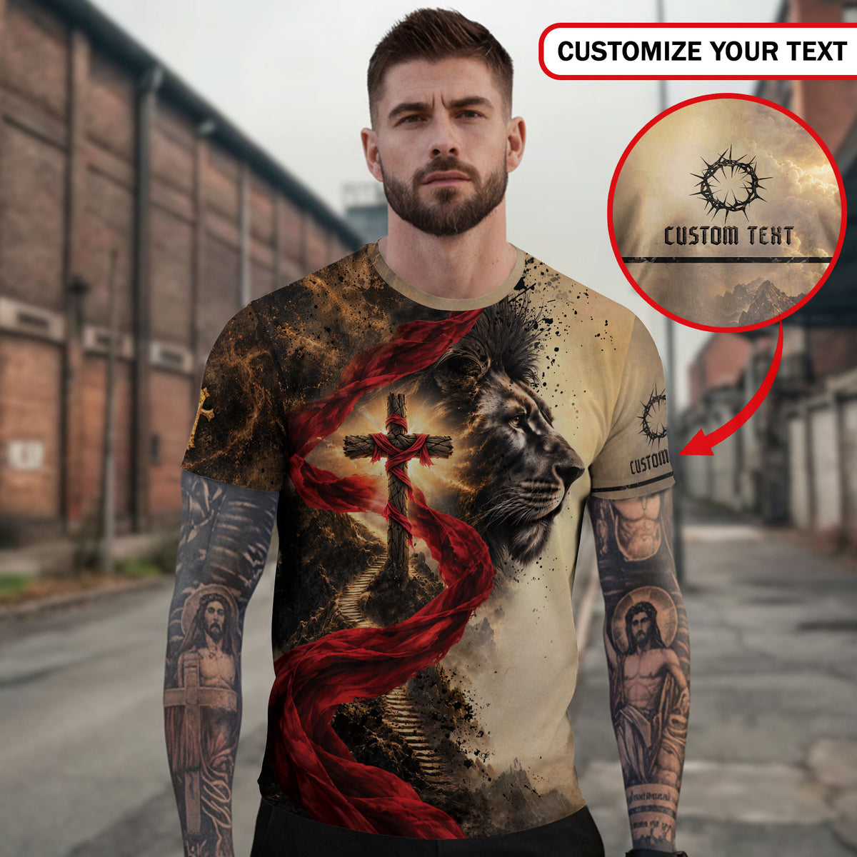 Christian T Shirt Faith Over Fear Lion Cross Personalized Name 3D Graphic Tee Gift - Rust Field Wear