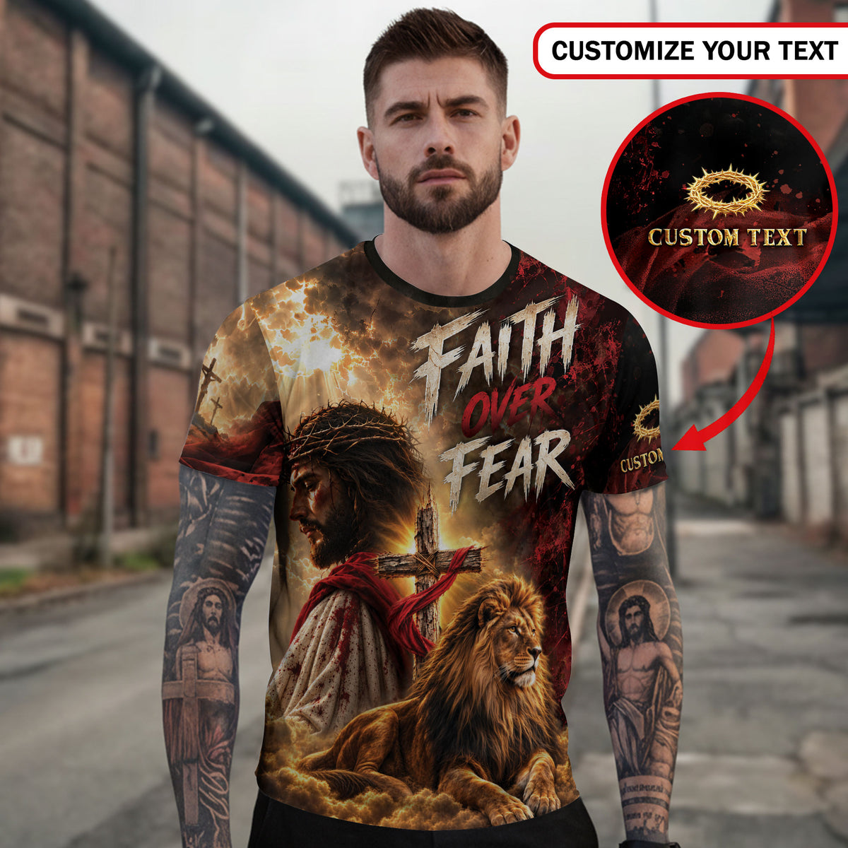 Christian T Shirt Faith Over Fear Jesus Lion Cross Crown Of Thorns Custom Name 3D Tee - Rust Field Wear