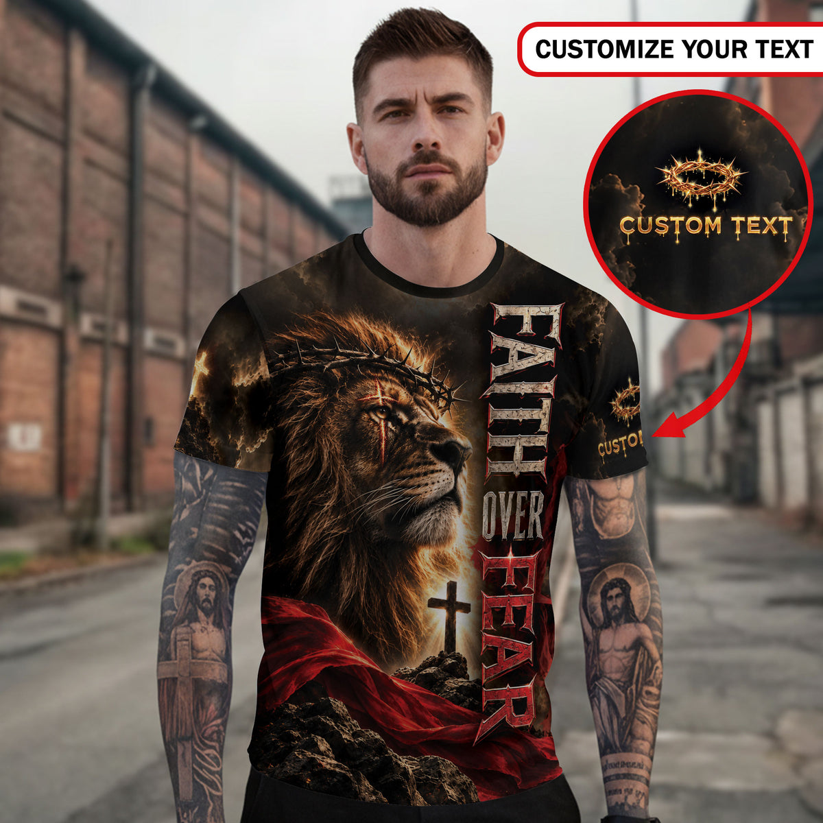 Christian T-Shirt Faith Over Fear Lion Crown Of Thorns Custom Name 3D All Over Print - Rust Field Wear