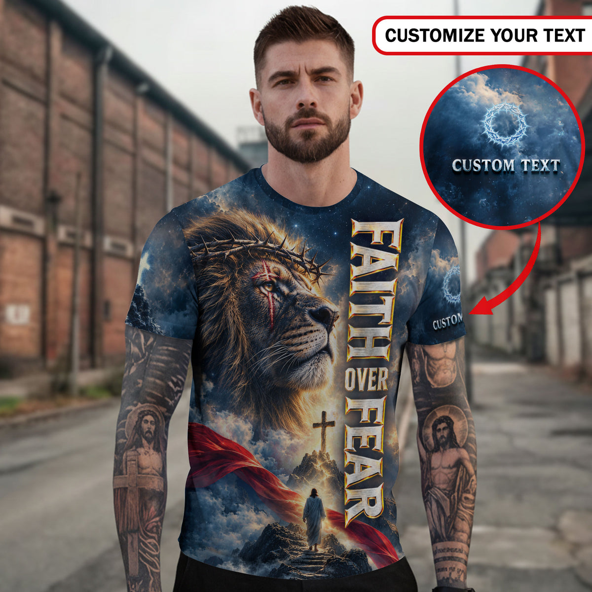 Christian T-Shirt Faith Over Fear Jesus Lion Crown Of Thorns Custom Name 3D All Over Print - Rust Field Wear