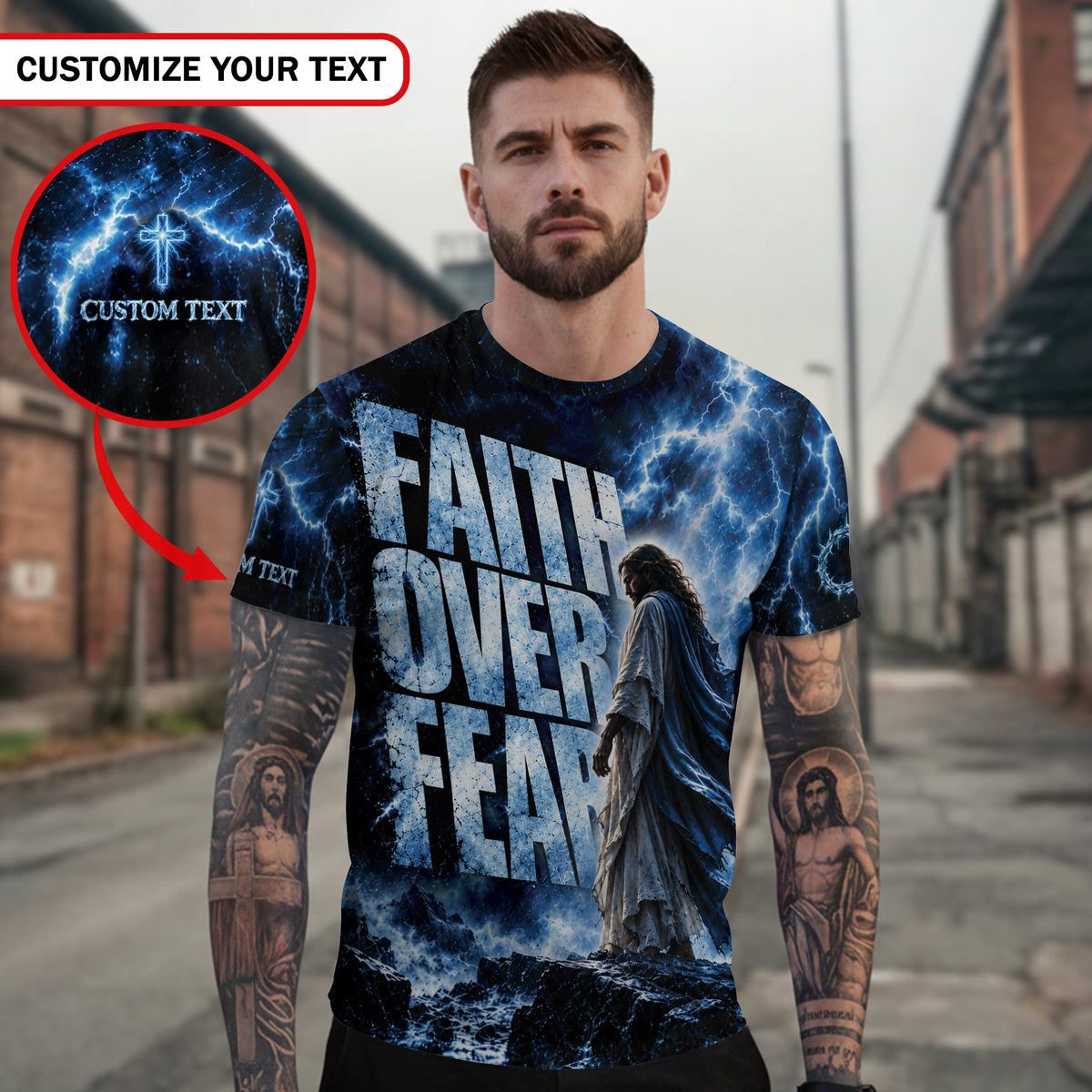 Christian T-Shirt Faith Over Fear Blue Lightning Jesus Lion Custom Name 3D All Over Print - Rust Field Wear