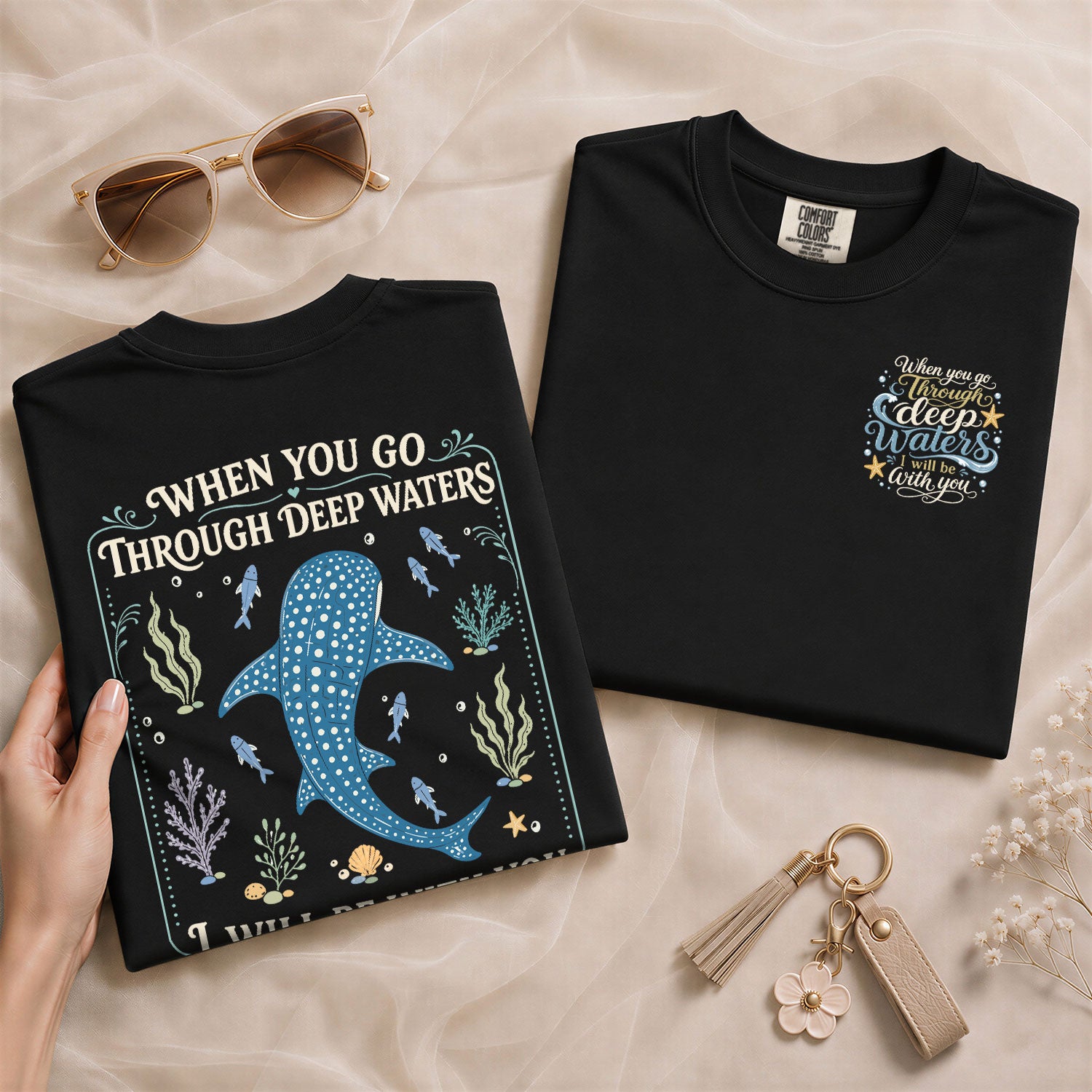 Deep Waters T-Shirt Women Isaiah 43 2 Whale Shark Ocean Bible Verse Christian Gift