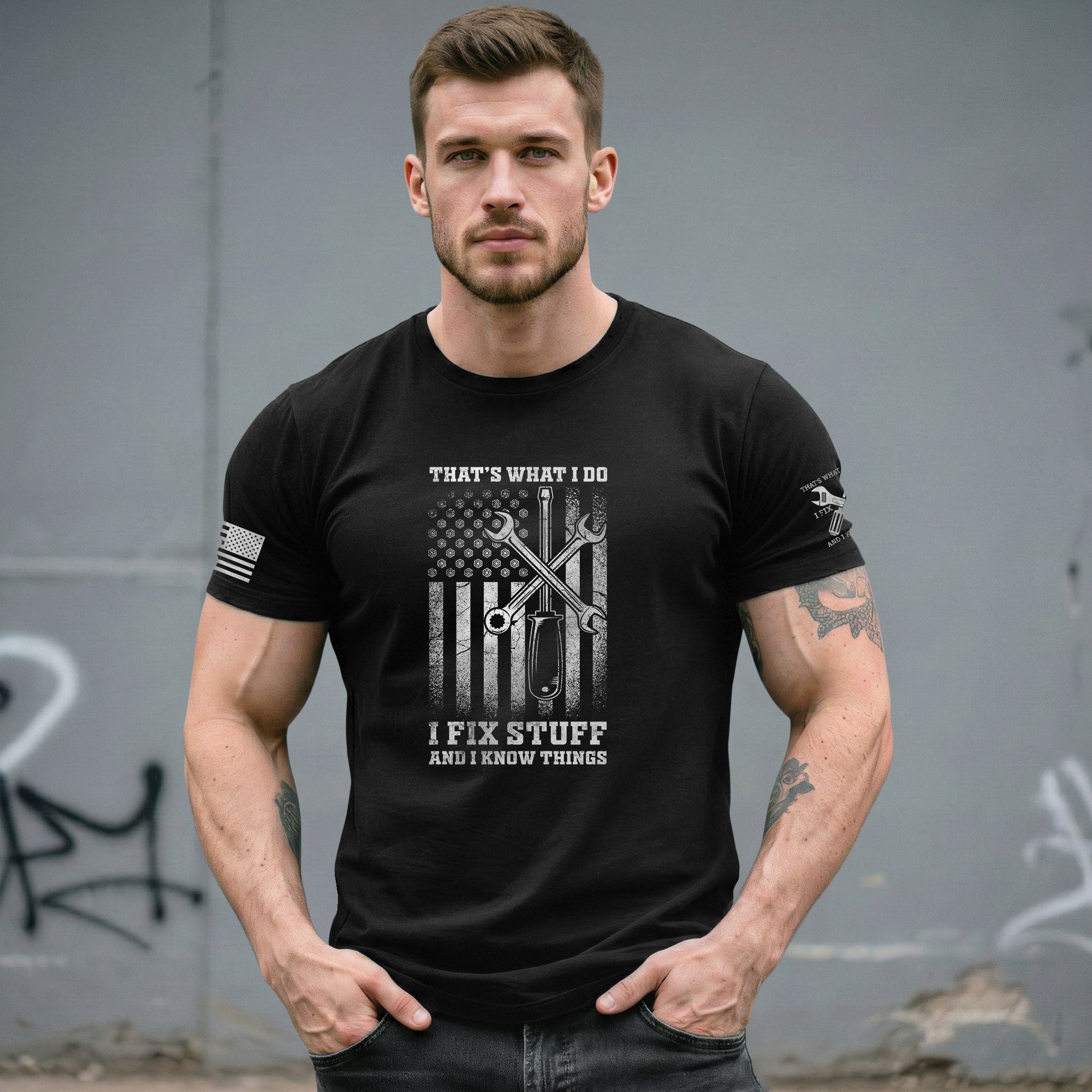 Men Screwdriver Wrench Graphic T-Shirt I Fix Stuff And I Know Things Flag Tee