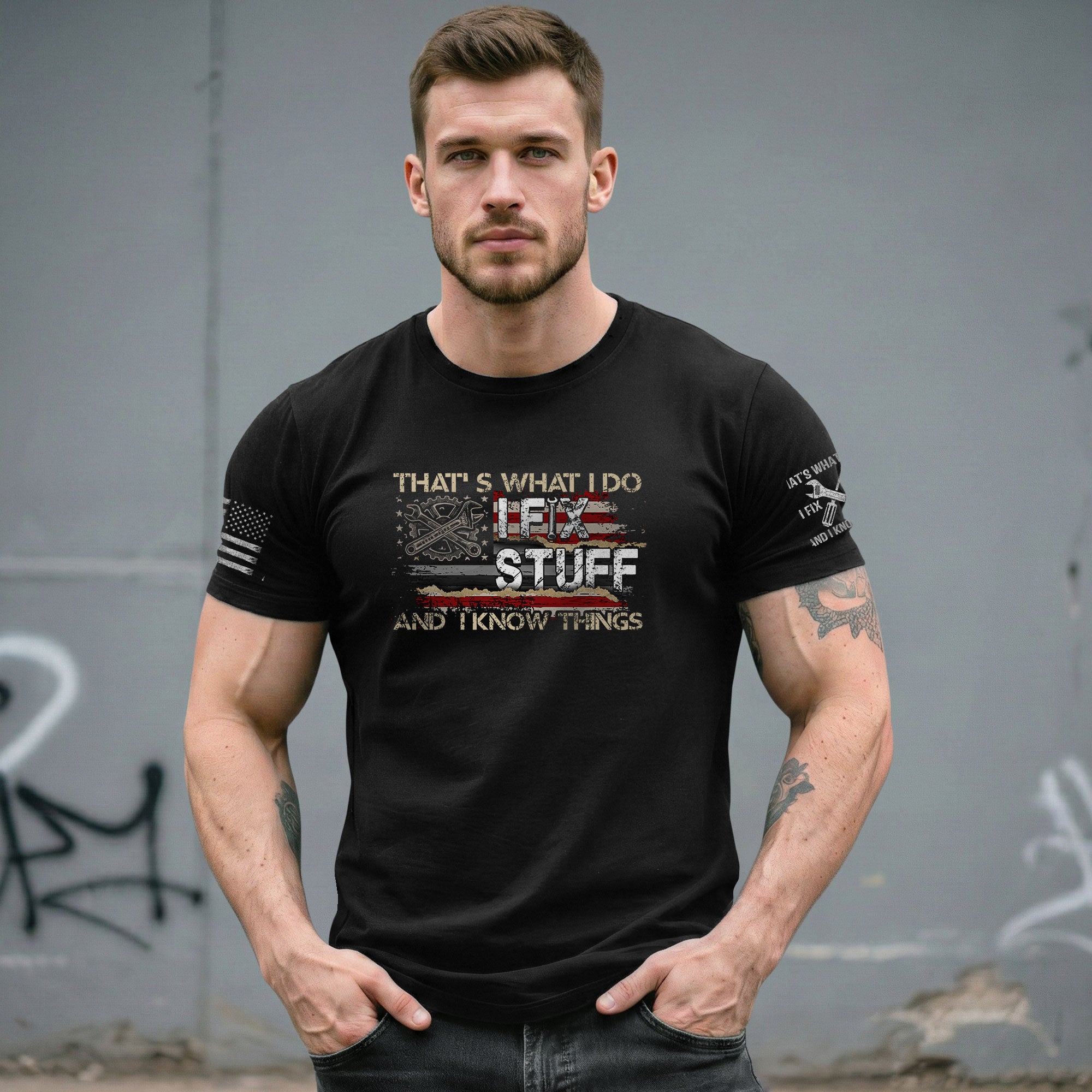 Men Gear Wrench Graphic T-Shirt I Fix Stuff And I Know Things Flag Quote Tee