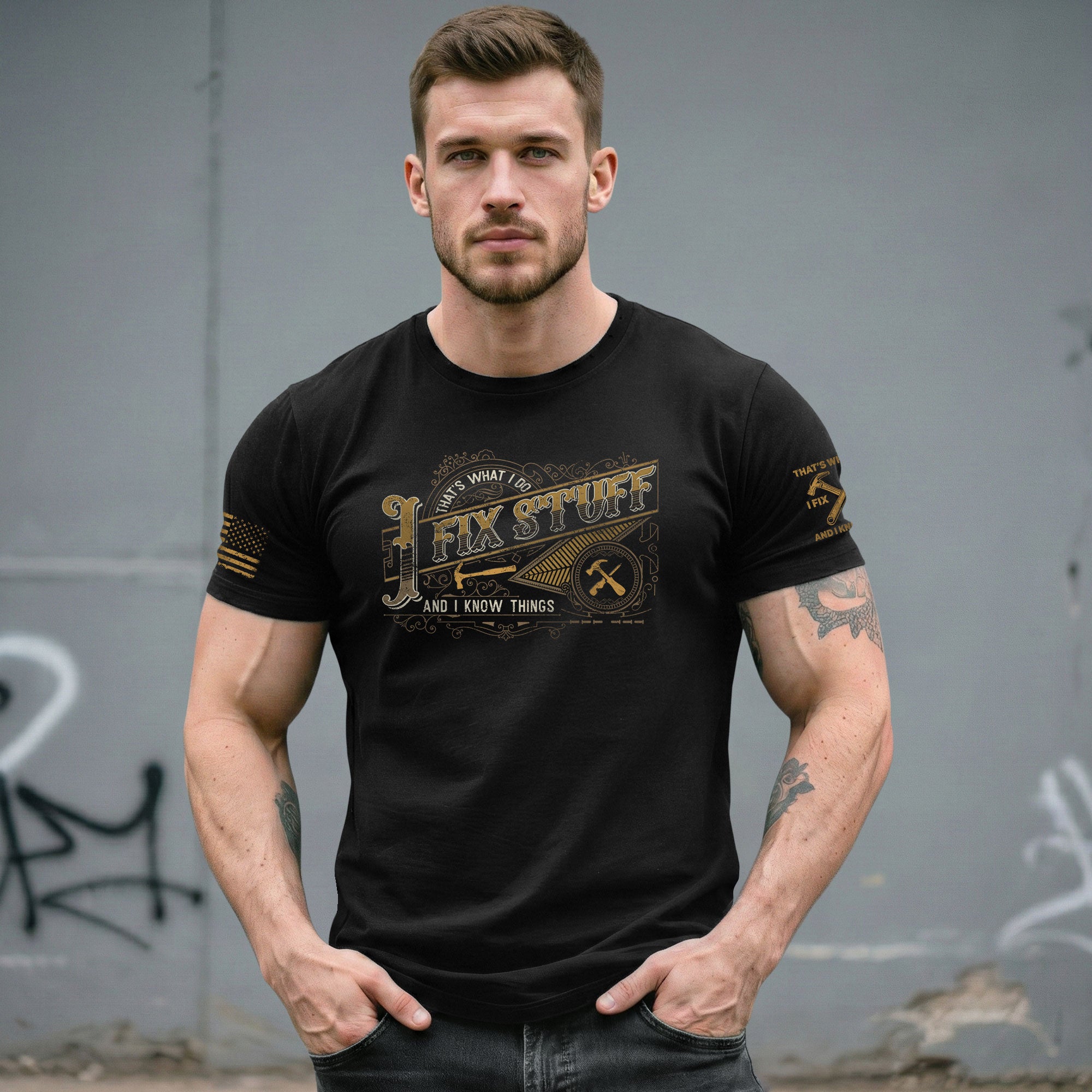 Vintage Filigree Quote Men T-Shirt I Fix Stuff And I Know Things Graphic Hammer Tee