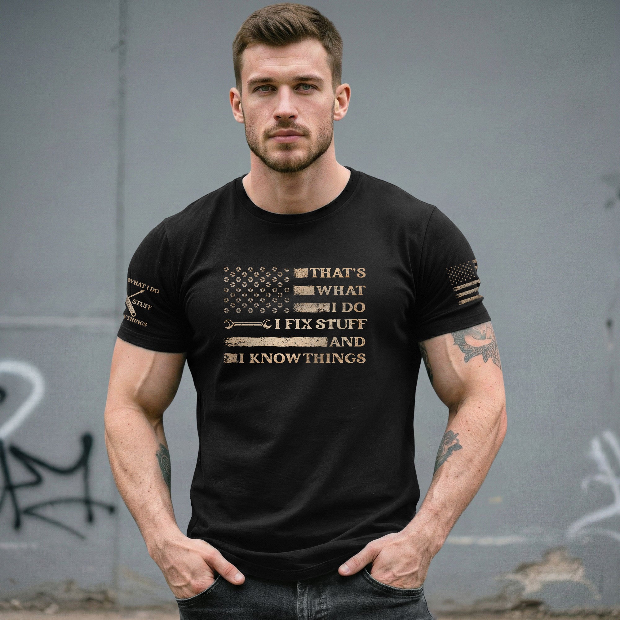 Men Hex Nut Flag Quote I Fix Stuff And I Know Things T-Shirt Graphic Wrench Shirt