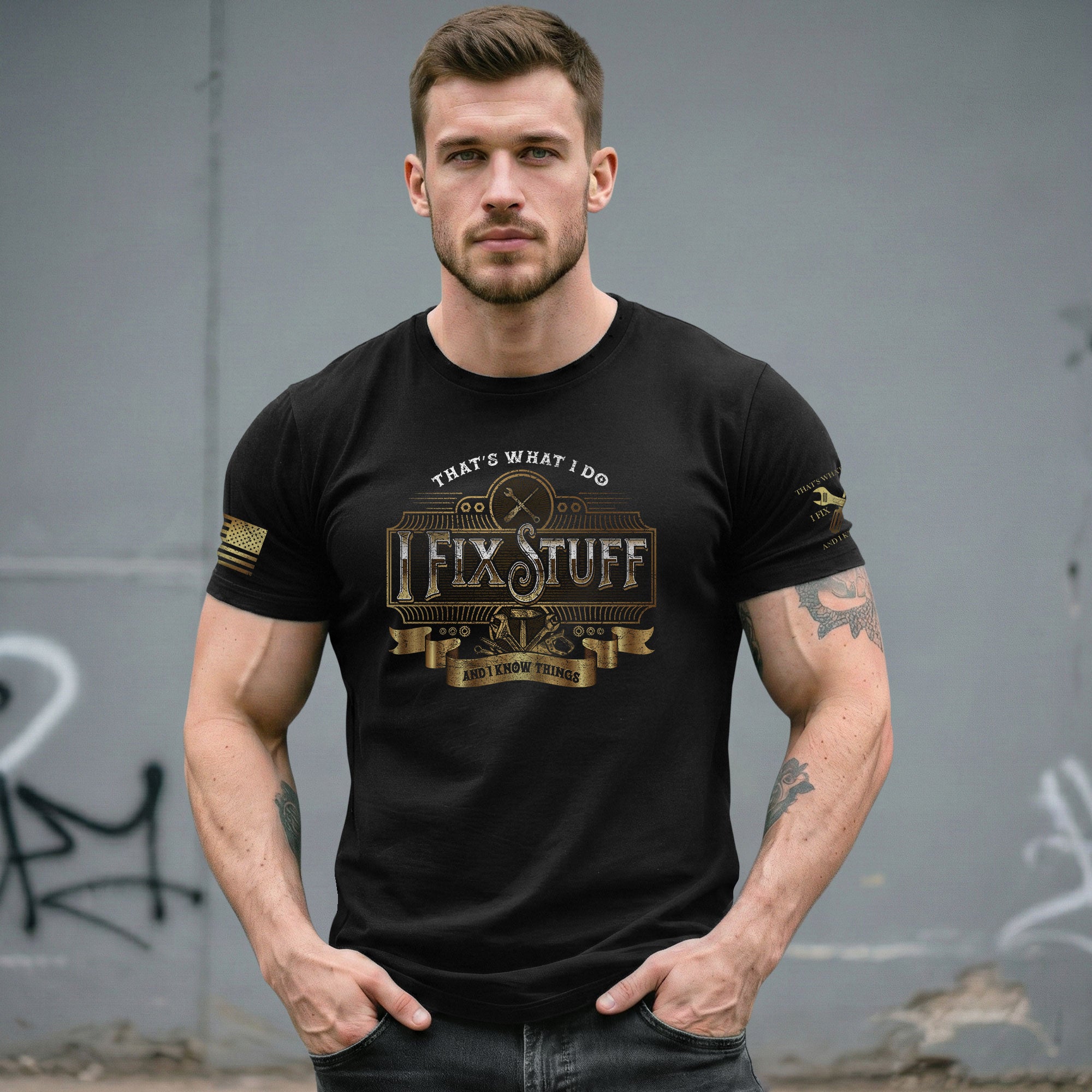 Men Ornate Label Graphic T-Shirt I Fix Stuff And I Know Things Wrench Banner Tee
