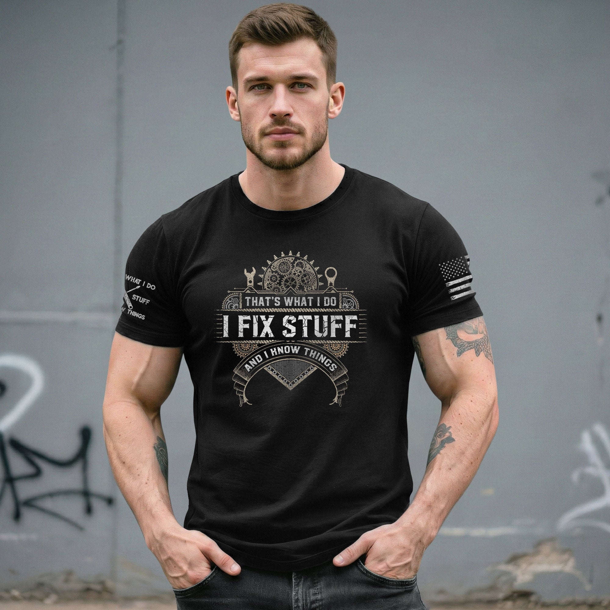 Mechanical Cog Banner Quote Men T-Shirt I Fix Stuff And I Know Things Graphic