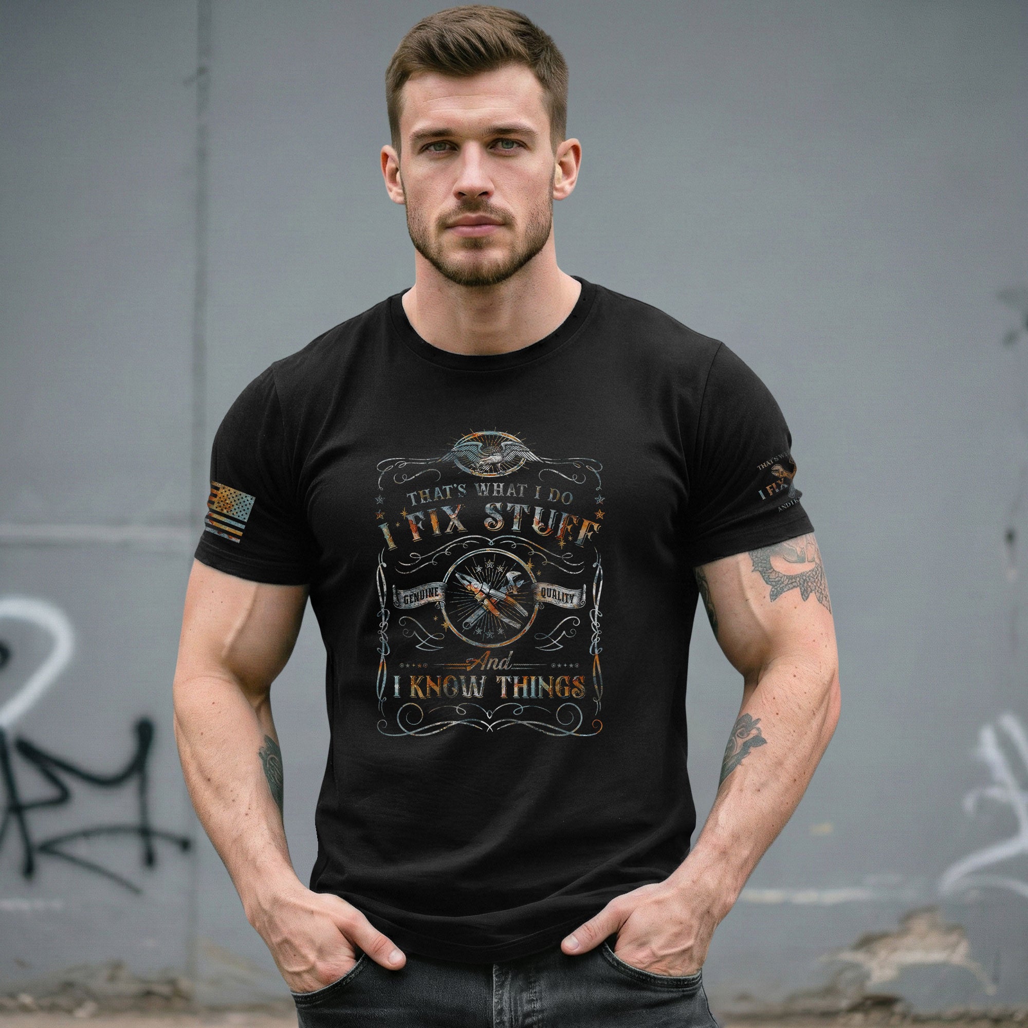 Mens Eagle Crest Graphic T-Shirt I Fix Stuff And I Know Things Wrench Banner