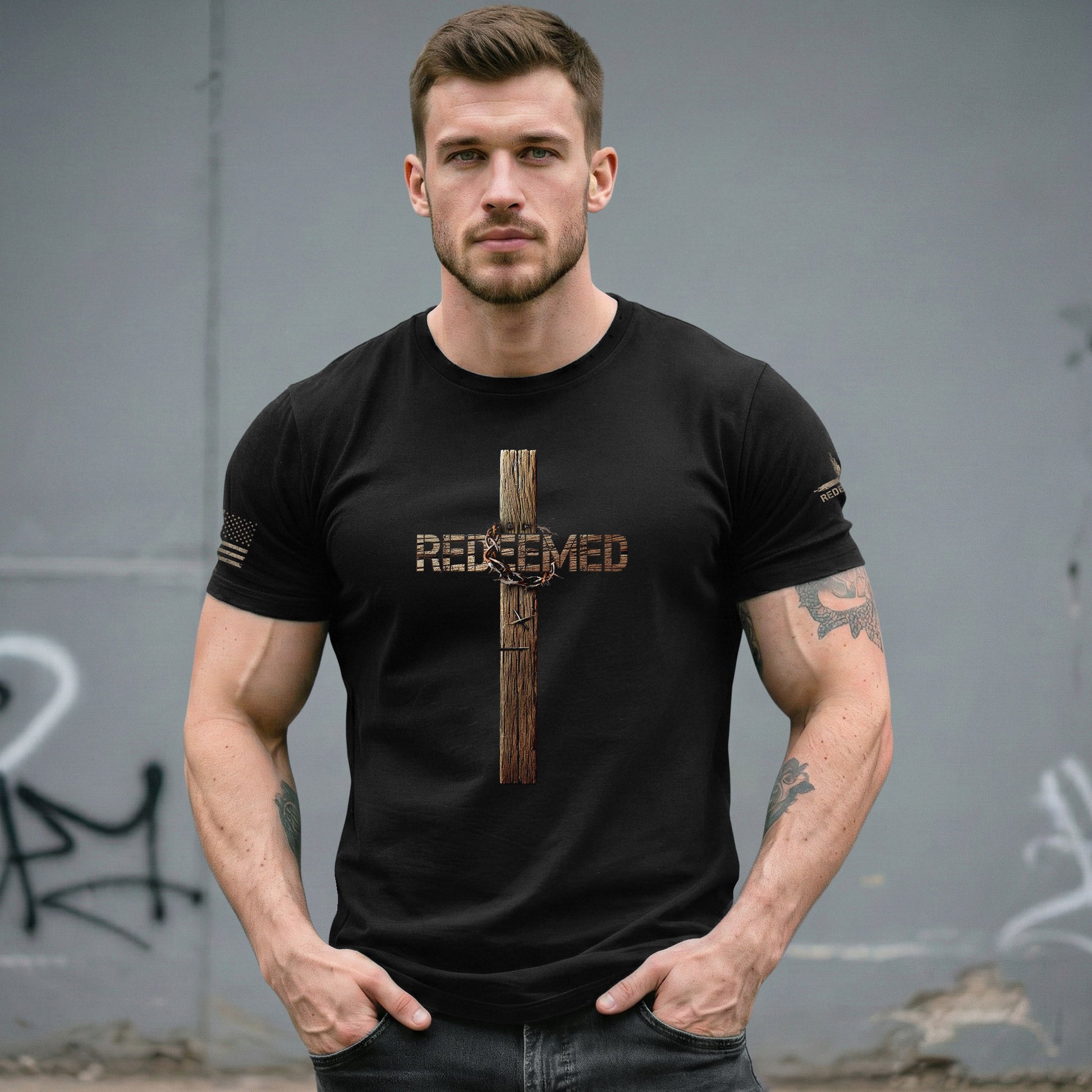 Redeemed Wooden Cross Edition, Christian Shirts for Men - Christian Tee Shirts - Rust Field Wear